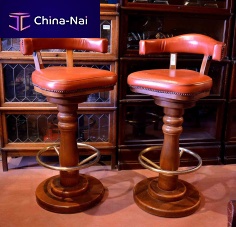 Traditional bar stool Vintageleatherbrass basewooden base