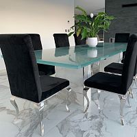 Contemporary dining table glasswooden basemarble base