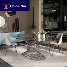Contemporary dining table MONDRIAN ART FORMglassmetal baseround