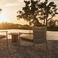 Contemporary side table SERENAtravertineceramicteak base