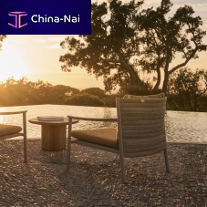 Contemporary side table SERENAtravertineceramicteak base