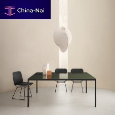 Contemporary table OFFSETglassengineered stoneextruded aluminum base