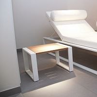 Contemporary side table MESITA 45, 78 & 91 TEAK teaktempered glasssteel
