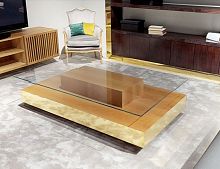 Contemporary coffee table T-993 tempered glassstainless steel basepolished brass base