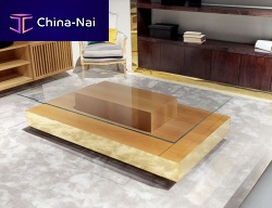 Contemporary coffee table T-993 tempered glassstainless steel basepolished brass base