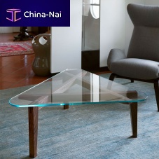 Contemporary coffee table Autoreggente tempered glasswalnut basetriangular