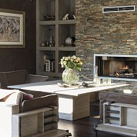 Contemporary table SALON A MANGERoakstonewooden base