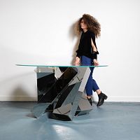 Contemporary table Megalithglasspolished stainless steel basepowder-coated steel base