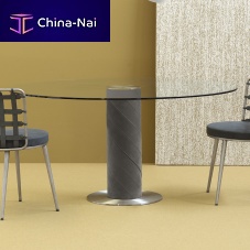 Contemporary table ROLLINGtempered glassstainless steel baseround