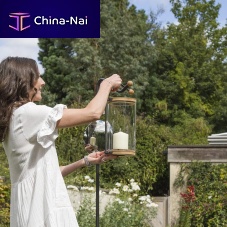 Contemporary lantern Luna glassin lacquered stainless steelteak