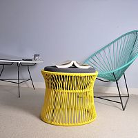 Contemporary pouf Ito linenleathersteel
