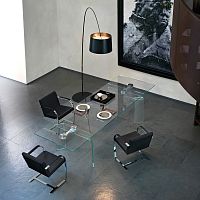 Contemporary dining table RAY PLUStempered glasscurved glassstainless steel