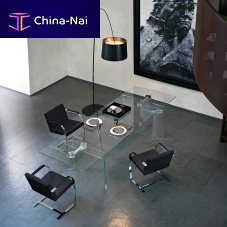 Contemporary dining table RAY PLUStempered glasscurved glassstainless steel