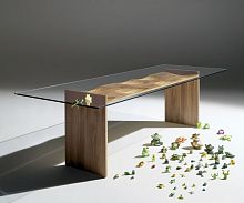 Contemporary dining table Ripples tempered glassoak baseash base