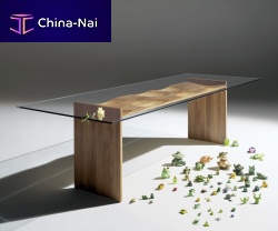 Contemporary dining table Ripples tempered glassoak baseash base